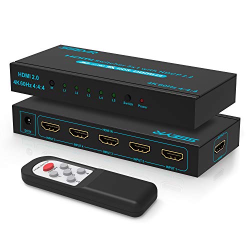 SGEYR 4K HDMI Switcher 5x1 with IR Remote, High-Speed 5 Port HDMI Selector Box 4K@60Hz Support HDR HDCP2.2 for PS5, Xbox, Roku, Fire Stick - Streamline Your Gaming Setup(Black) - Image 1