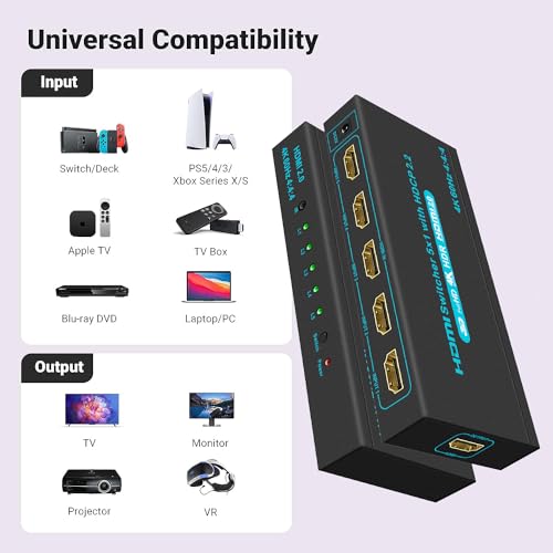 SGEYR 4K HDMI Switcher 5x1 with IR Remote, High-Speed 5 Port HDMI Selector Box 4K@60Hz Support HDR HDCP2.2 for PS5, Xbox, Roku, Fire Stick - Streamline Your Gaming Setup(Black) - Image 5