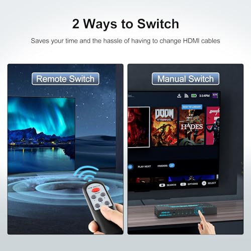 SGEYR 4K HDMI Switcher 5x1 with IR Remote, High-Speed 5 Port HDMI Selector Box 4K@60Hz Support HDR HDCP2.2 for PS5, Xbox, Roku, Fire Stick - Streamline Your Gaming Setup(Black) - Image 3