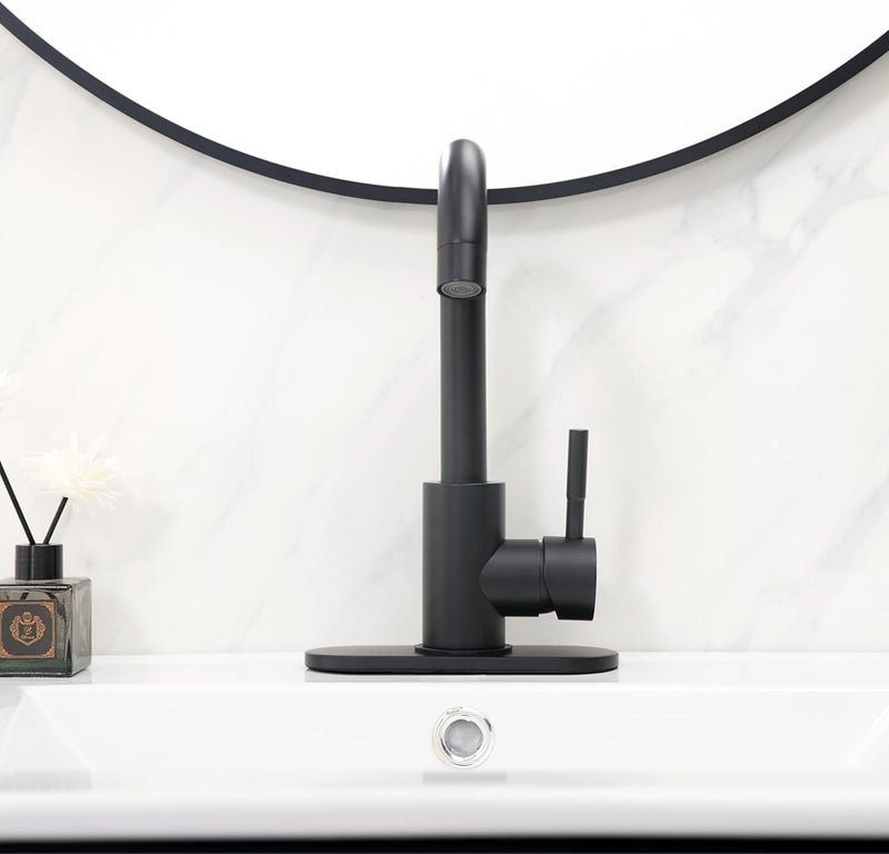 Comllen Matte Black Bar Faucets, Black Bathroom Faucet 1 Hole, 360° Swivel, Small Single Handle Bar Sink Faucet with Deck Plate for Bathroom Bar Kitchen RV Camper Outdoor Laundry Vanity Lavatory - Image 2