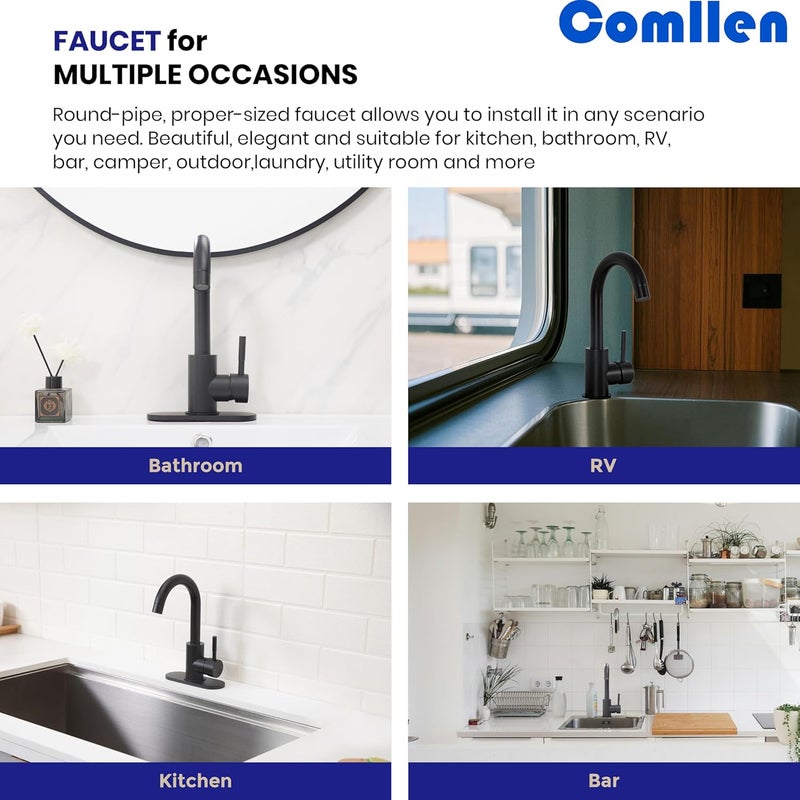 Comllen Matte Black Bar Faucets, Black Bathroom Faucet 1 Hole, 360° Swivel, Small Single Handle Bar Sink Faucet with Deck Plate for Bathroom Bar Kitchen RV Camper Outdoor Laundry Vanity Lavatory - Image 5