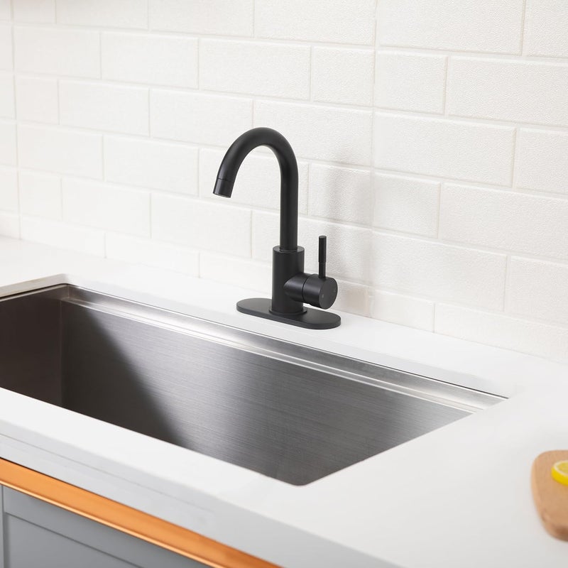 Comllen Matte Black Bar Faucets, Black Bathroom Faucet 1 Hole, 360° Swivel, Small Single Handle Bar Sink Faucet with Deck Plate for Bathroom Bar Kitchen RV Camper Outdoor Laundry Vanity Lavatory - Image 4