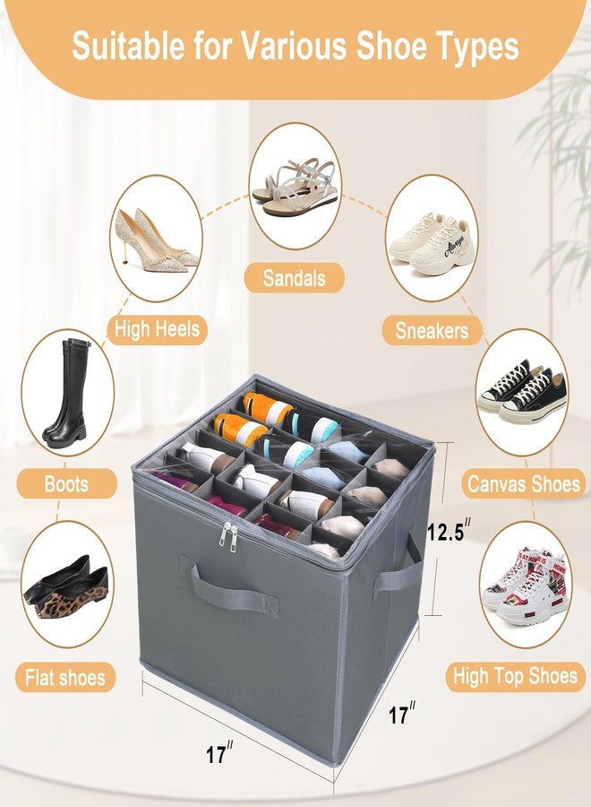 ifory 2 Pack Large Fabric Shoe Organizer Storage Box, Shoe Organizer Box with Adjustable Dividers and Clear Lid, Fits 16 Pairs, Fabric Shoe Organization with Handles, Stackable and Foldable - Image 5
