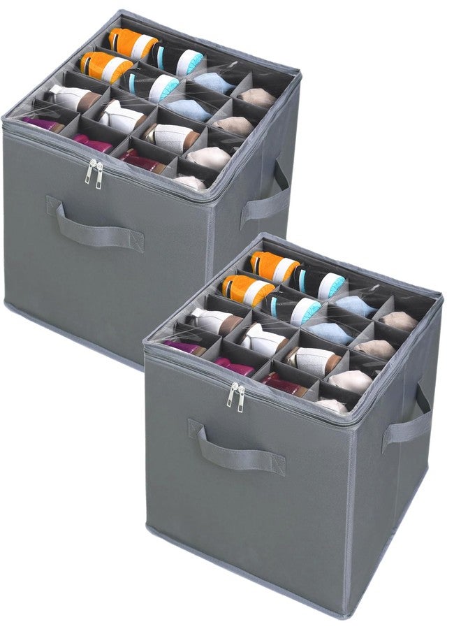 ifory 2 Pack Large Fabric Shoe Organizer Storage Box, Shoe Organizer Box with Adjustable Dividers and Clear Lid, Fits 16 Pairs, Fabric Shoe Organization with Handles, Stackable and Foldable - Image 1