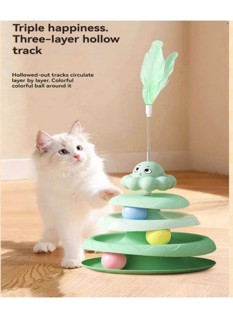 كادراما لعبة تفاعلية للقطط - لعبة كرة القطط بدوران بأربعة مستويات مع 3 كرات ملونة، مسار دائري ودعامة ريشة للقطط الصغيرة للصيد/المطاردة/التمرين (أخضر) - Image 3