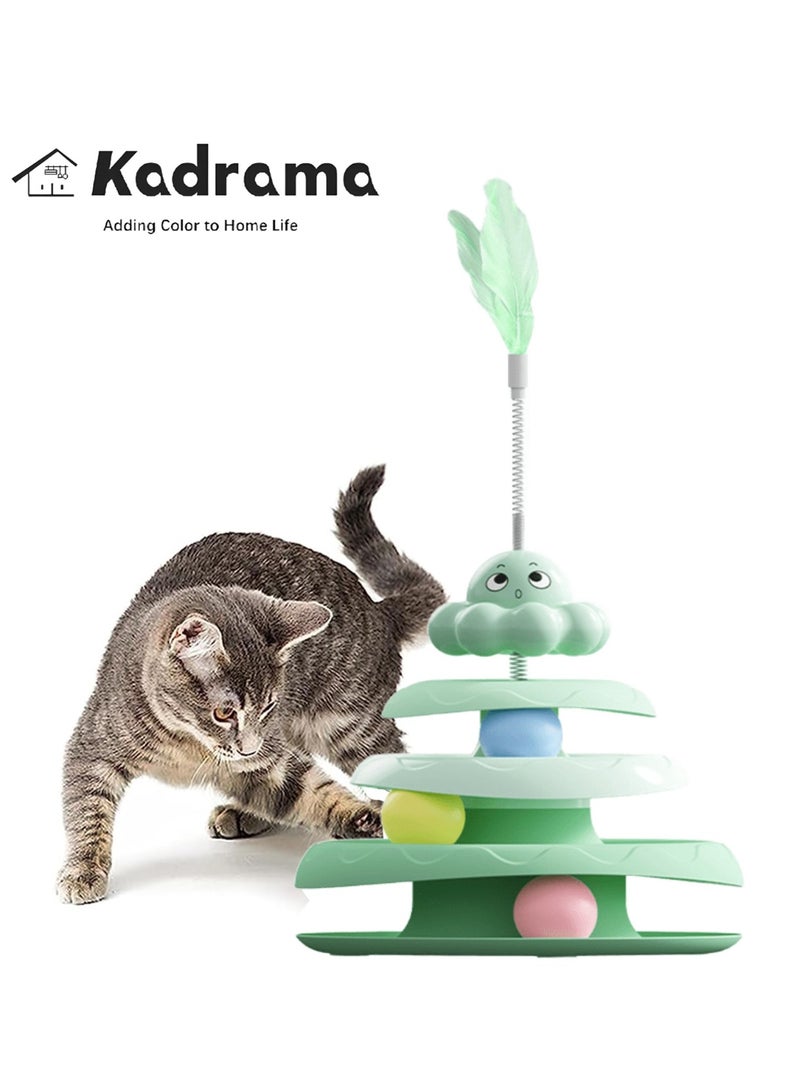 كادراما لعبة تفاعلية للقطط - لعبة كرة القطط بدوران بأربعة مستويات مع 3 كرات ملونة، مسار دائري ودعامة ريشة للقطط الصغيرة للصيد/المطاردة/التمرين (أخضر) - Image 1
