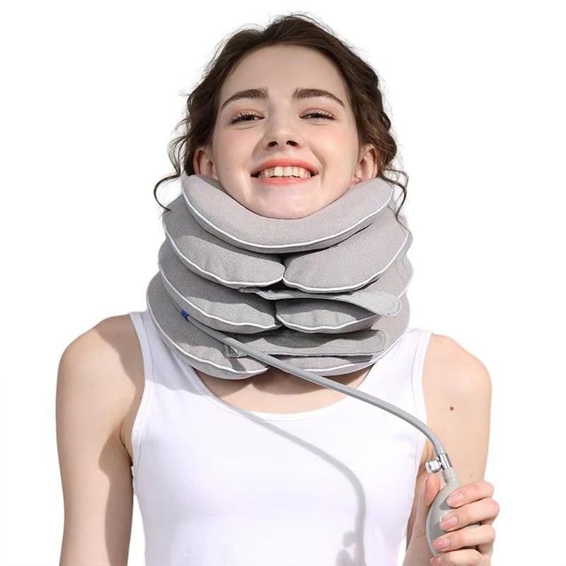 Bkrtondsy Neck Stretcher with Neck Brace,Cervical Traction Neck Device,Neck Relief Tool,Adjustable Inflatable Cervical Brace,Home Use Neck Decompression New Technology Breathable Fabric Washable&Colorfast(Gray) - Image 1