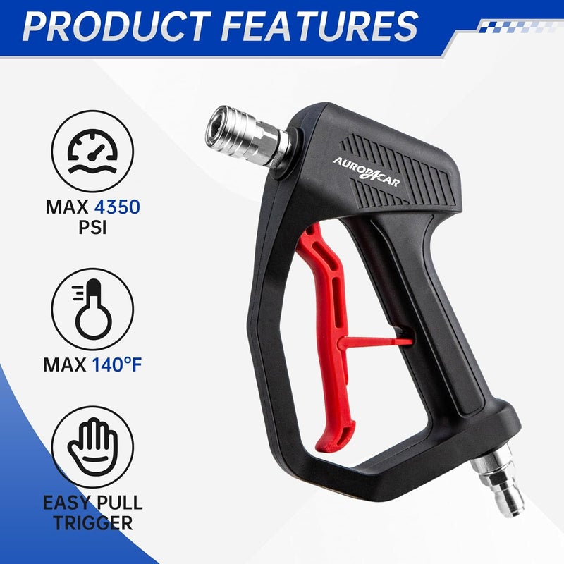 AURORA CAR مسدس غسيل الضغط العالي 4350 PSI القصير، مسدس غسيل عالي الضغط مع موصل سريع 1/4 بوصة وقابس ذكر 3/8 بوصة وملحق M22-14، مسدس غسيل قوة متوافق مع مدفع الرغوة، مسدس رغوة لغسيل السيارات - Image 2