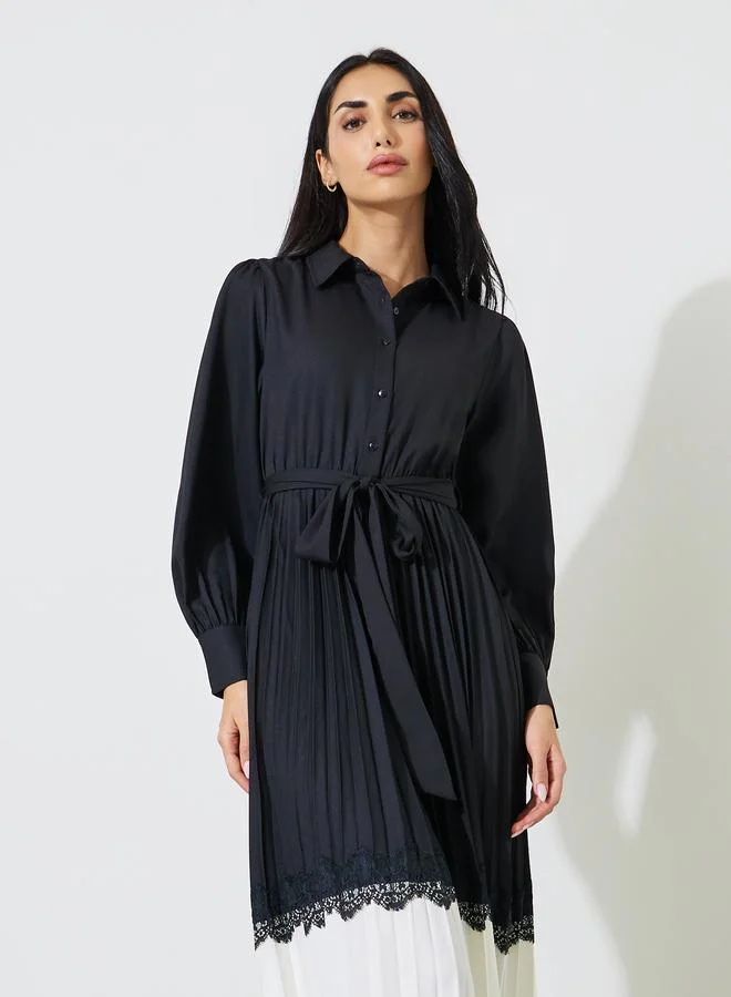 Styli  Black Pleated Lace Details Fit and Flare Shirt Midi Dress for Women | Best Price UAE