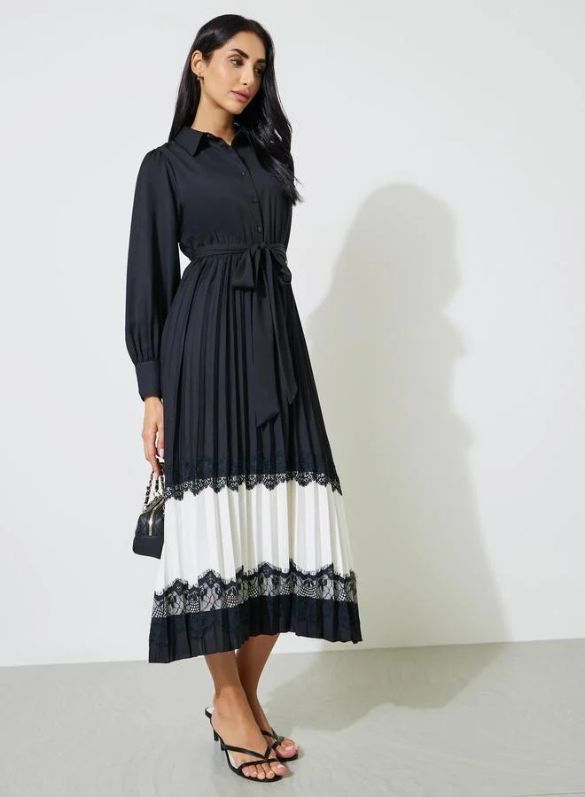 Styli Black Pleated Lace Details Fit and Flare Shirt Midi Dress