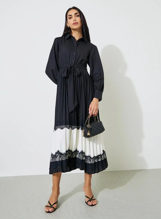 Styli  Black Pleated Lace Details Fit and Flare Shirt Midi Dress for Women | Best Price UAE