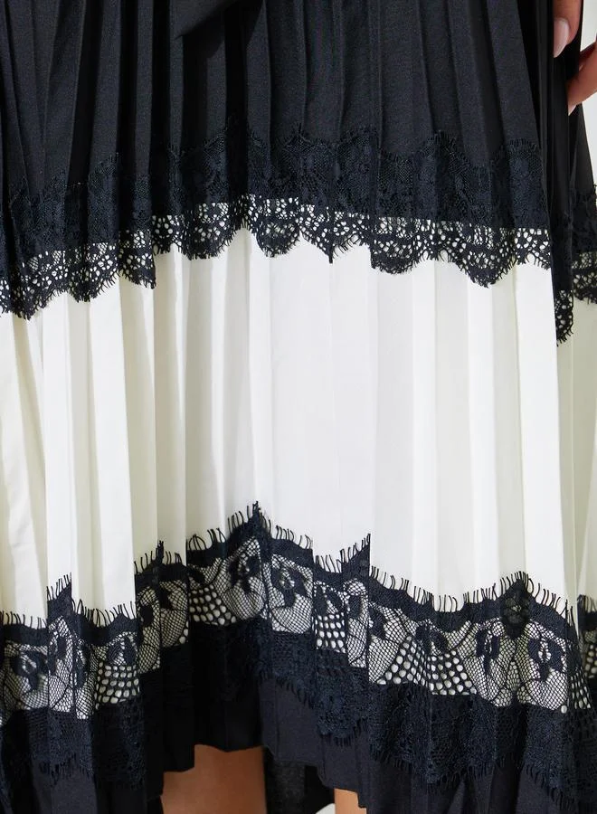 Styli  Black Pleated Lace Details Fit and Flare Shirt Midi Dress for Women | Best Price UAE