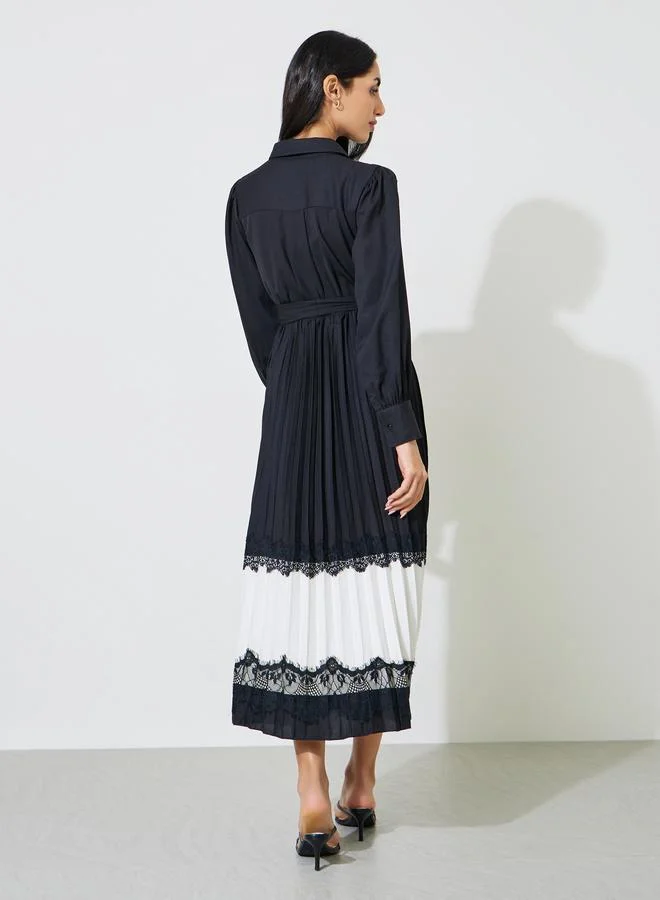Styli  Black Pleated Lace Details Fit and Flare Shirt Midi Dress for Women | Best Price UAE