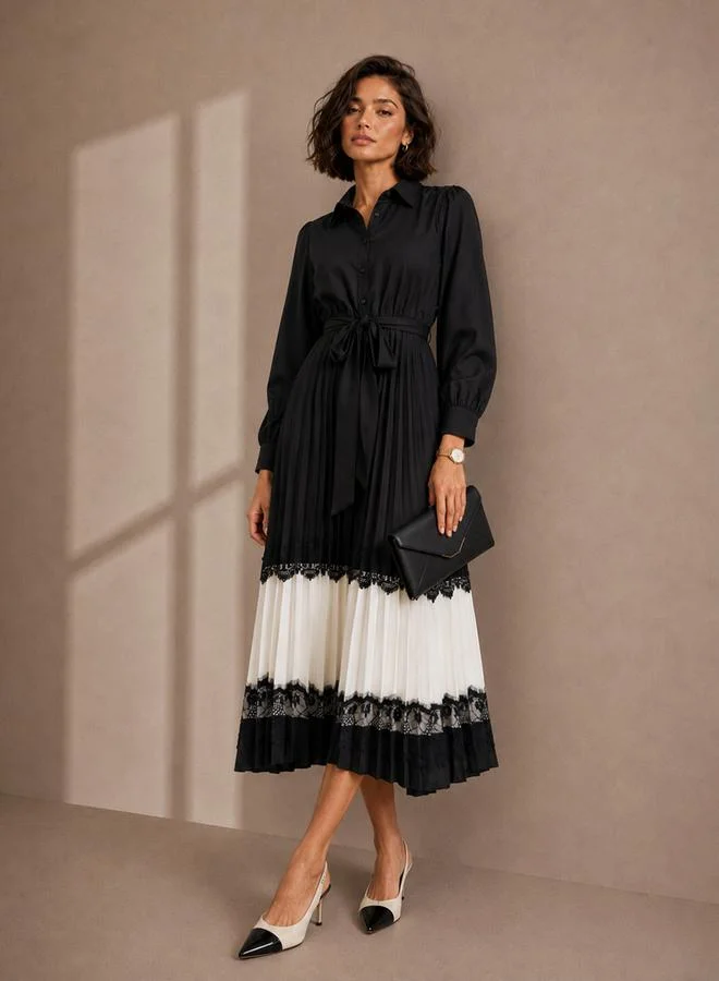 Black Pleated Lace Details Fit and Flare Shirt Midi Dress
