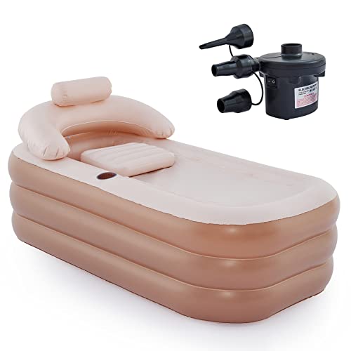 COZ Inflatable Bathtub with Electric Air Pump and Bath Pillow Headrest Portable Blow Up Bath Tub for Adults Outdoor Indoor Freestanding Foldable Spa Tub with Cover Drainage Cup HolderBrown