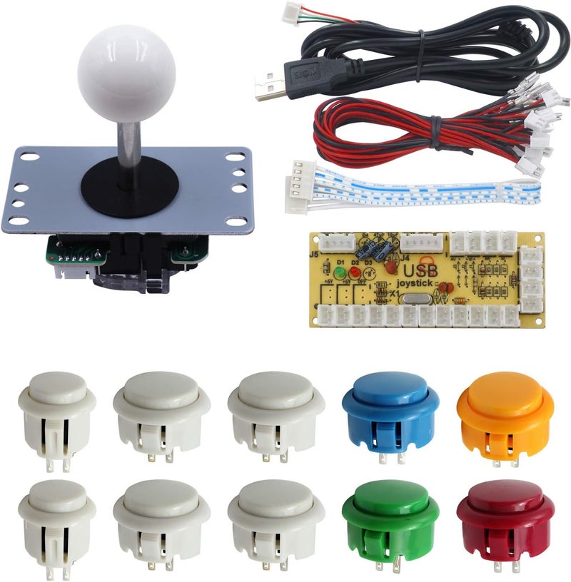 طقم أزرار وعصا تحكم ألعاب الأركيد DIY من SJJX لـ Raspberry Pi وWindows، عصا تحكم 5 دبابيس و10 أزرار ضغط 822a مزيج أبيض تصميم أنيق عملي - Image 1