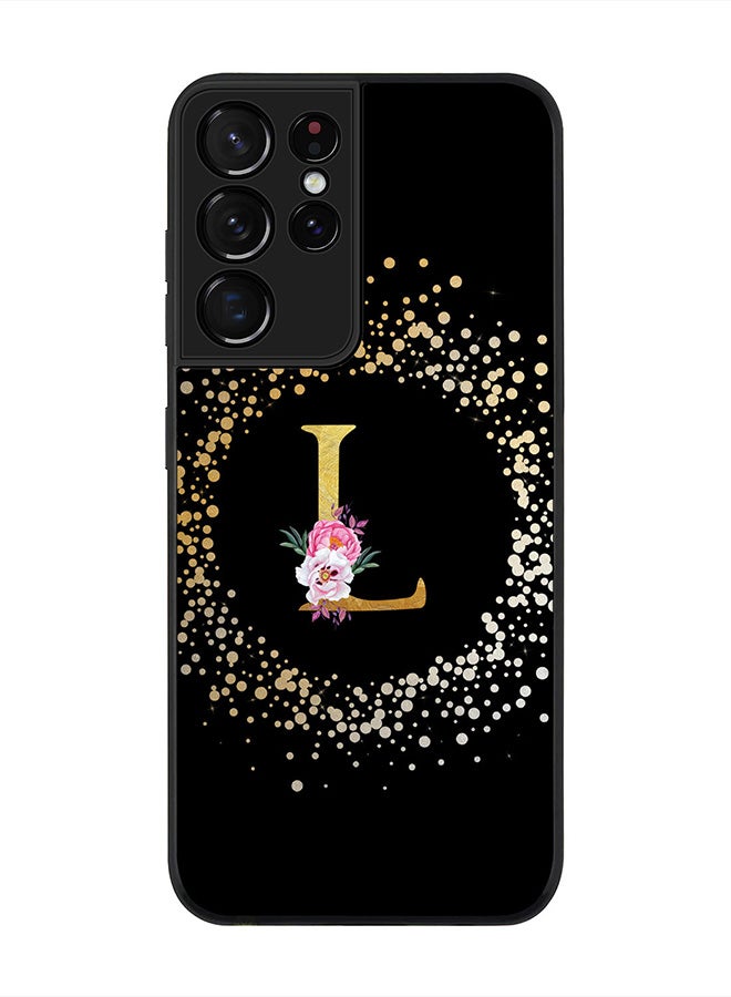 Stylizedd حافظة حواف سوداء متينة لهاتف سامسونج جالاكسي S21 ألترا 5G، حافظة هاتف مرنة ناعمة بتصميم مخصص مع حرف أولي ونمط زهور - L (أسود) - Image 1