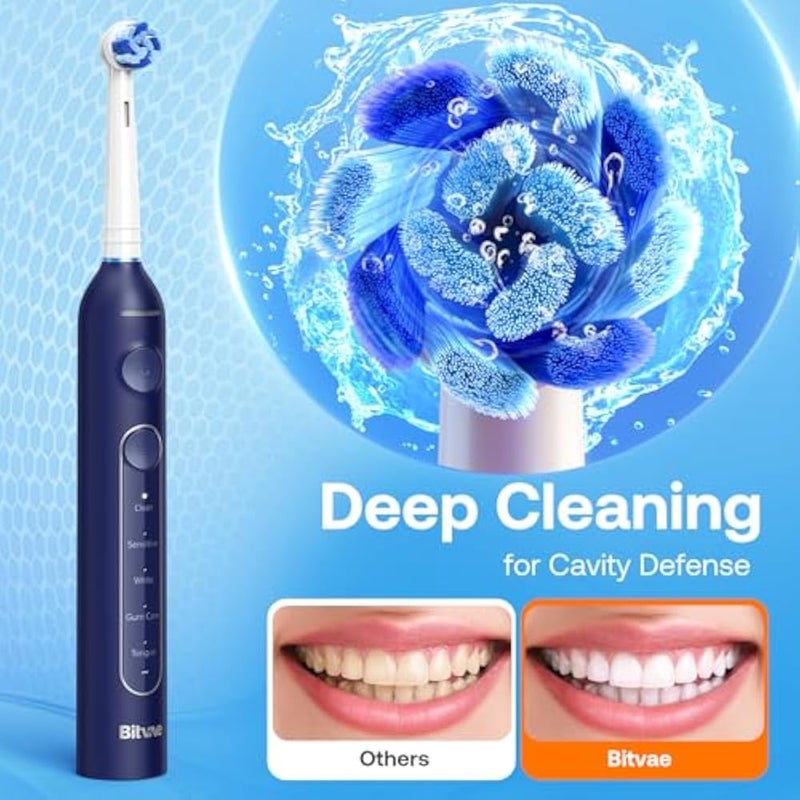 Bitvae R2 Rotating Travel Electric Toothbrush, 8 Professional Brush Heads, Carrying Case, 5 Teeth Care Modes, Pressure Alerts to Prevent Gum Injury, Long Duration - Image 2