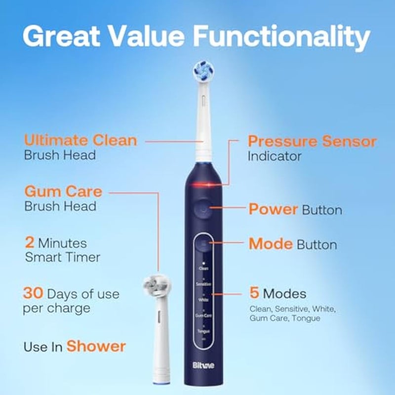 Bitvae R2 Rotating Travel Electric Toothbrush, 8 Professional Brush Heads, Carrying Case, 5 Teeth Care Modes, Pressure Alerts to Prevent Gum Injury, Long Duration - Image 4