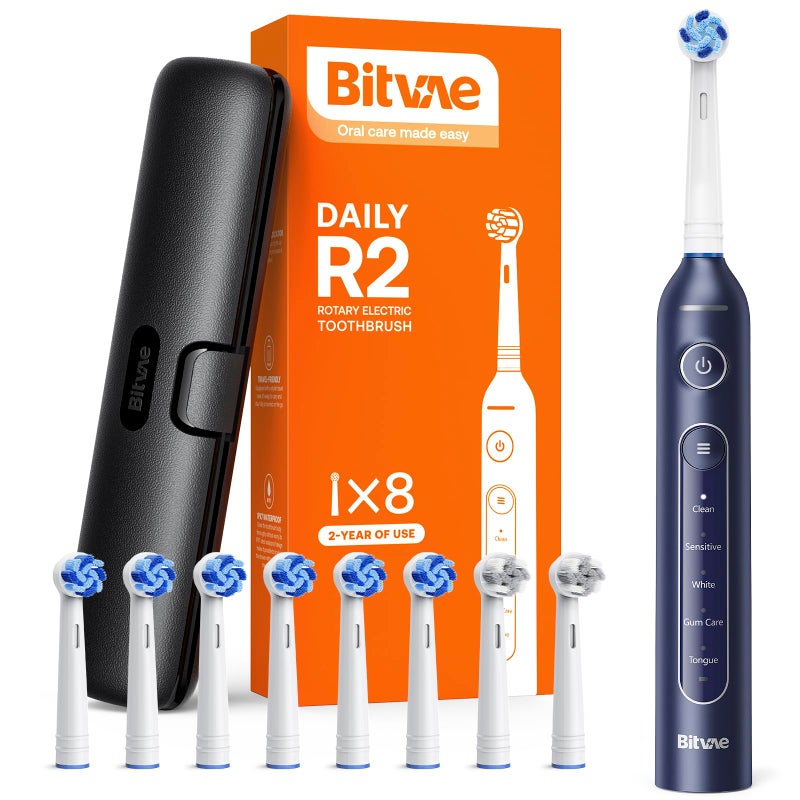 Bitvae R2 Rotating Travel Electric Toothbrush, 8 Professional Brush Heads, Carrying Case, 5 Teeth Care Modes, Pressure Alerts to Prevent Gum Injury, Long Duration - Image 1