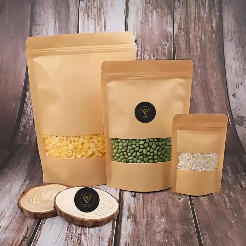 VELEXE Brown Kraft Paper Zip Lock Stand Up Storage Pouches | 140mm*200mm | 250 Grams | Pack of 200 | Reusable & Airtight Storage Pouches with Transparent Rectangle Window & Self Sealing Technology - Image 2