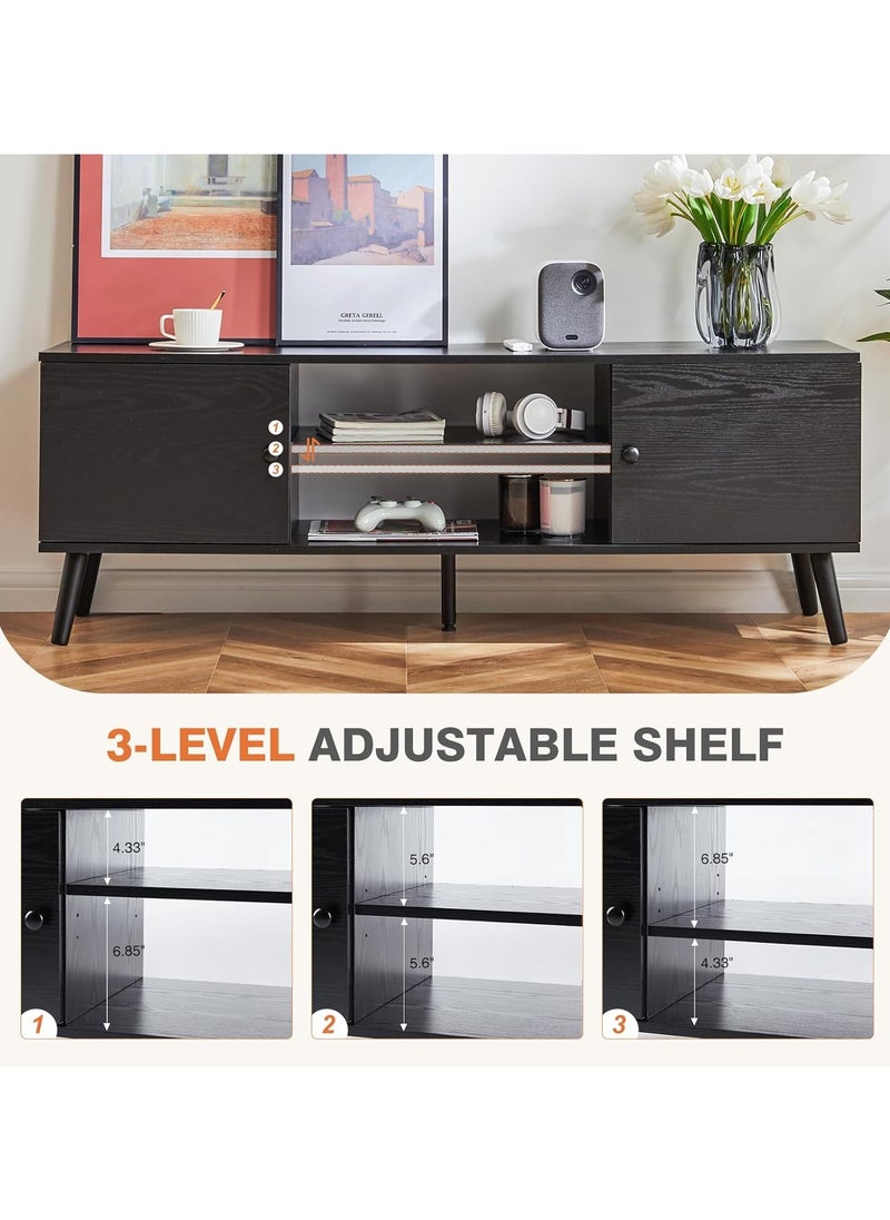 Chulovs TV Stand for 55 60 inch TV, Modern Mid Century Entertainment Center with Storage, Media Console Table 2 Cabinet, Soft Hinge, Handle Door, Wooden Living Room, Office Furniture, Bedroom  - Image 4