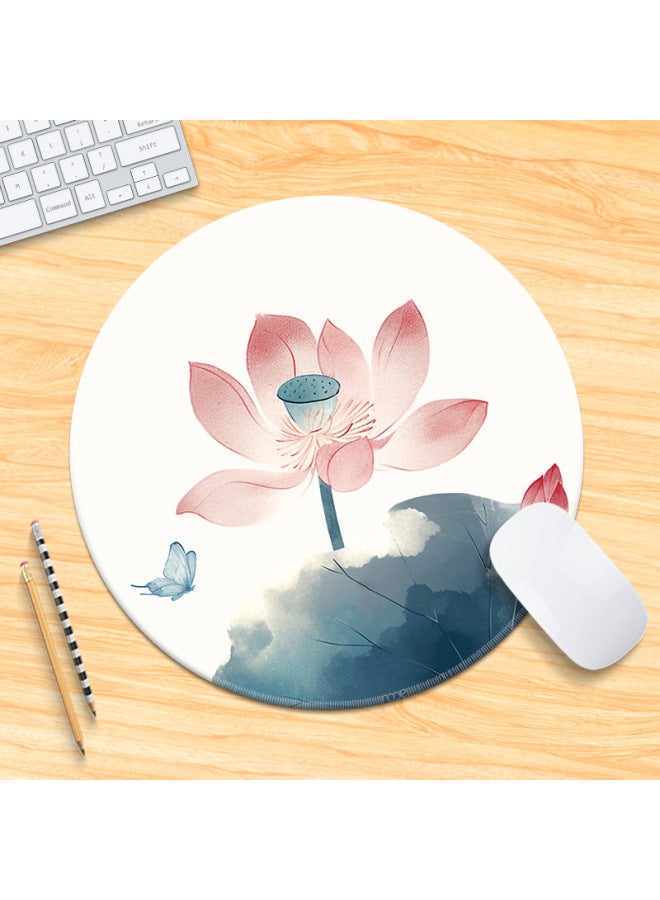 National Tide Lotus Small Size Mouse Pad Chinese Style Brush Painting Office Desk Mat Lock Edge Thickened Round Simple Flower And Bird For Men 