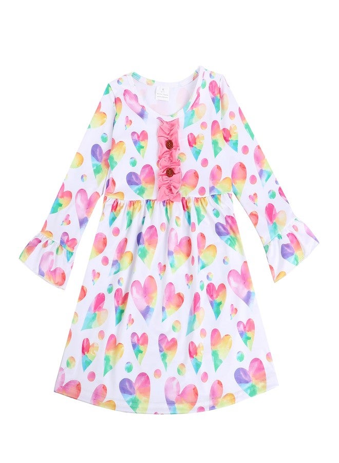 DACSOIT Valentine's Day Toddler Girl Dress Love Hearts Print Ruffle Bottom Long Sleeve Casual Dress 6-7Y - Image 2