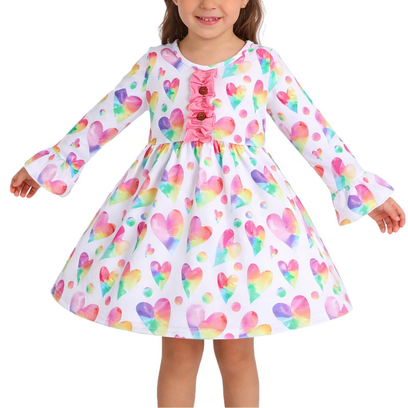 DACSOIT Valentine's Day Toddler Girl Dress Love Hearts Print Ruffle Bottom Long Sleeve Casual Dress 6-7Y - Image 1