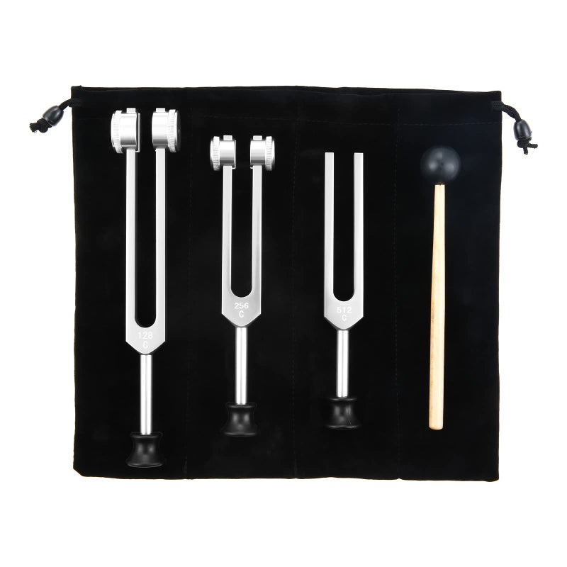 Tuning Forks Set 128Hz 256Hz 512Hz Sound Instrument Tuning Forks Chakra with Hammer Storage Bag and Cleaning Cloth Silver
