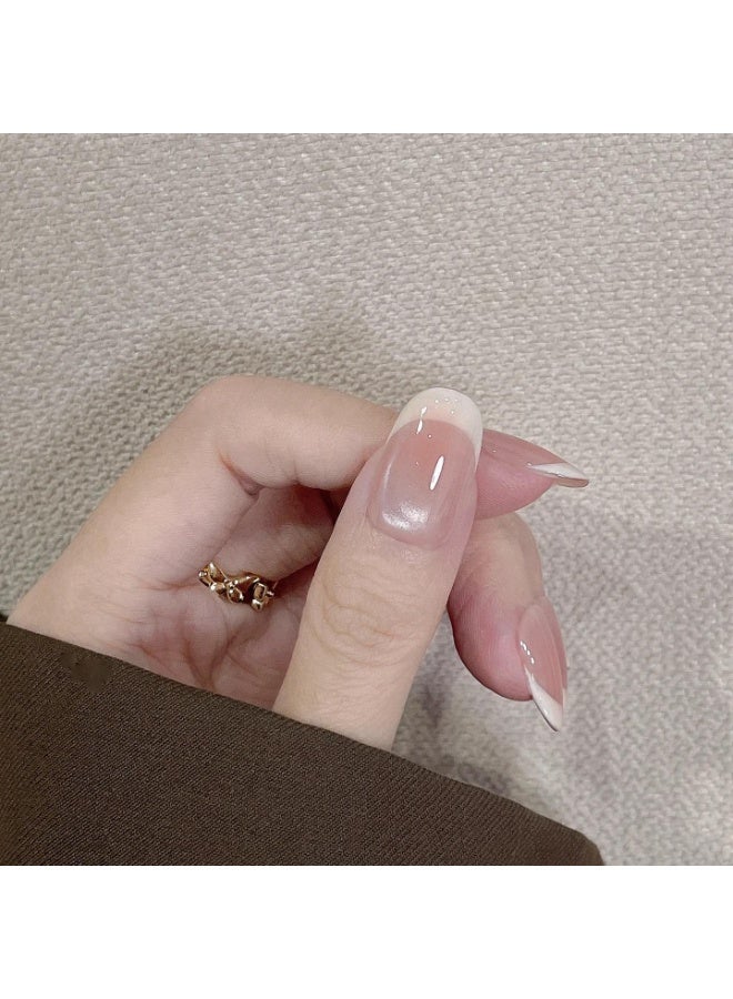 JUMEI 30PCS Nude Pink French Tip Press On Nails, Glossy Sheer Natural Fake Nails with Fine Glitter, Elegant Daily Wear False Nails, 3 Sizes Reusable Glue Tabs Nails - Image 2
