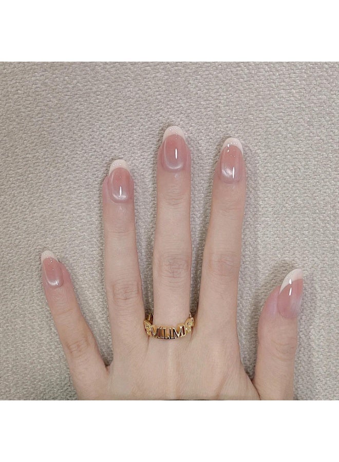 JUMEI 30PCS Nude Pink French Tip Press On Nails, Glossy Sheer Natural Fake Nails with Fine Glitter, Elegant Daily Wear False Nails, 3 Sizes Reusable Glue Tabs Nails - Image 3
