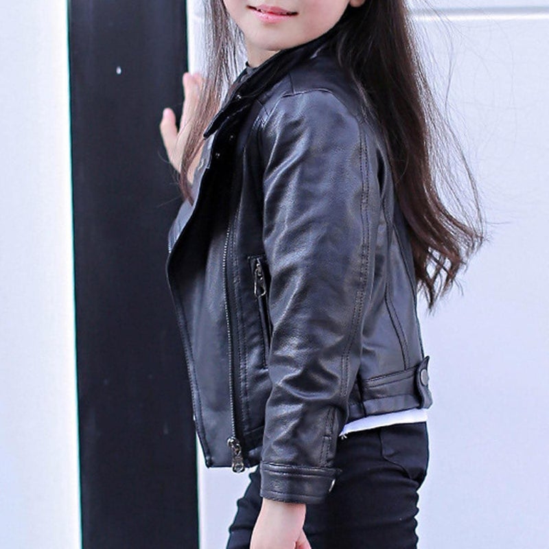 woobles Toddler Baby Boy Girl Kids Outfits Motorcycle Faux Leather Lapel Jackets Zipper Coat Winter Outwear for 3-13Y 001-black - Image 2