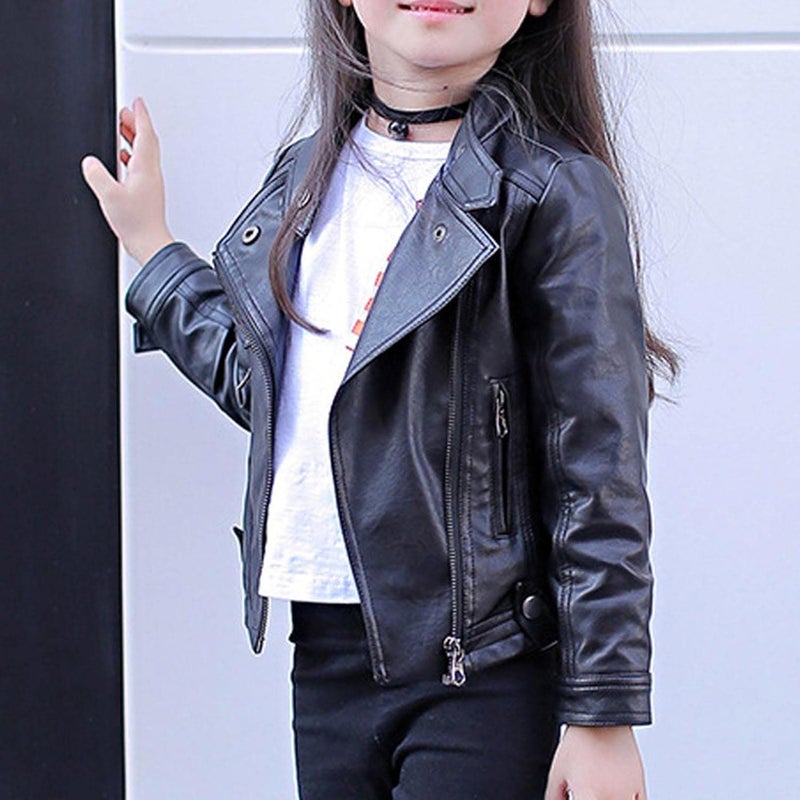 woobles Toddler Baby Boy Girl Kids Outfits Motorcycle Faux Leather Lapel Jackets Zipper Coat Winter Outwear for 3-13Y 001-black - Image 3