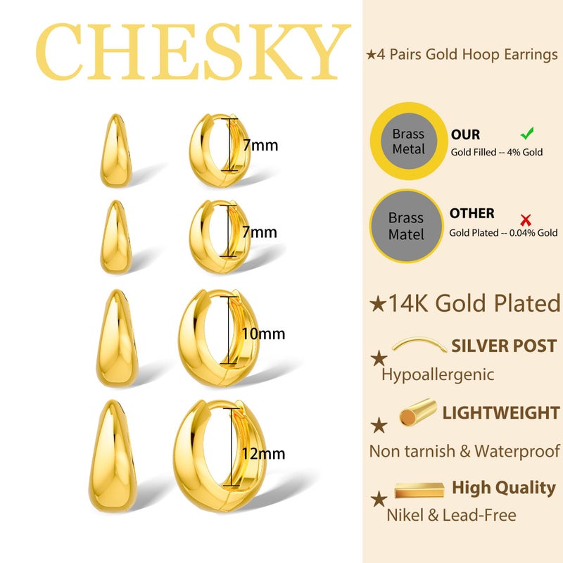 CHESKY 4 Pairs 14K Gold Plated Huggie Hoop Earrings for Women, Chunky Small Hoop Earring Stacks Trendy Lightweight Cartilage Earrings Set for Multiple Piercing Everyday Jewelry - Image 4