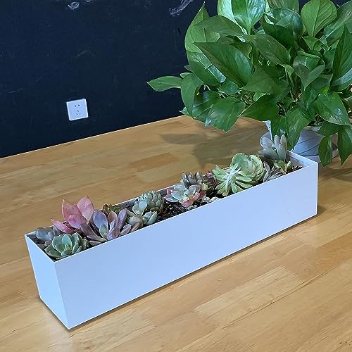 Lavish Craft Modern Narrow Planter Box | 16" Metal Perfect as a Succulent Planter for Table or Window Sill Planters Indoor | Rectangular Stainless Steel Long Planter, White (Green) - Image 1