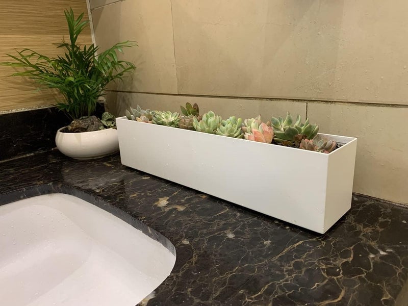 Lavish Craft Modern Narrow Planter Box | 16" Metal Perfect as a Succulent Planter for Table or Window Sill Planters Indoor | Rectangular Stainless Steel Long Planter, White (Green) - Image 3