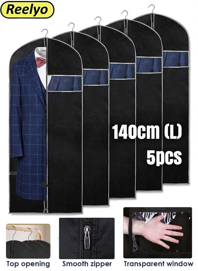 Reelyo 5Pcs Extended 140cm Garment Bags for Hanging Clothes, Extra Thick Durable Suit Dress Storage Covers with Transparent Viewing Window, Eco-Friendly Breathable Dustproof Waterproof Clothing Protector Bags, Large Capacity Wardrobe Closet Organizer for Suits, Shirts, T-Shirts, Jackets and Coats, Summer Season Long Garment Protection, Black 60×140cm - Image 1