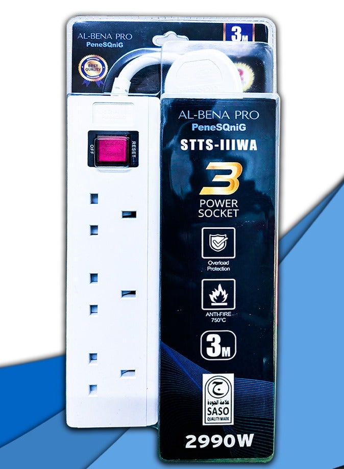 Ultra Durable 3-Way UK Extension Board | 3 Meter Long Thick Cable | 13A 2990W For Heavy Duty Appliances | Push Button On/Off Switch | Overload & Fire Protection (750°C) | High-Quality Material | Fused Plug for Enhanced Safety (White)  - Image 1