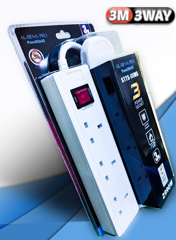 Ultra Durable 3-Way UK Extension Board | 3 Meter Long Thick Cable | 13A 2990W For Heavy Duty Appliances | Push Button On/Off Switch | Overload & Fire Protection (750°C) | High-Quality Material | Fused Plug for Enhanced Safety (White)  - Image 2