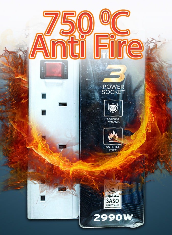 Ultra Durable 3-Way UK Extension Board | 3 Meter Long Thick Cable | 13A 2990W For Heavy Duty Appliances | Push Button On/Off Switch | Overload & Fire Protection (750°C) | High-Quality Material | Fused Plug for Enhanced Safety (White)  - Image 3