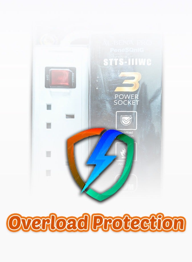 Ultra Durable 3-Way UK Extension Board | 3 Meter Long Thick Cable | 13A 2990W For Heavy Duty Appliances | Push Button On/Off Switch | Overload & Fire Protection (750°C) | High-Quality Material | Fused Plug for Enhanced Safety (White)  - Image 4