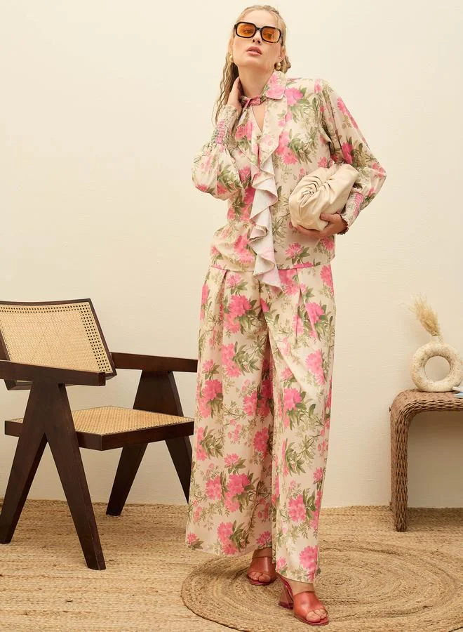SASSAFRAS Sassafras Beige Ruffled Floral Top and Wide Leg Pants Co-Ords