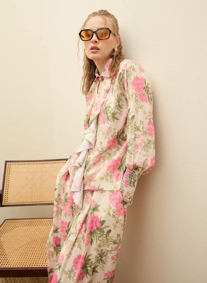 SASSAFRAS Sassafras Beige Ruffled Floral Top and Wide Leg Pants Co-Ords