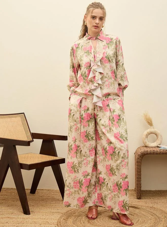 SASSAFRAS Beige Ruffled Floral Top and Wide Leg Pants Co-Ords