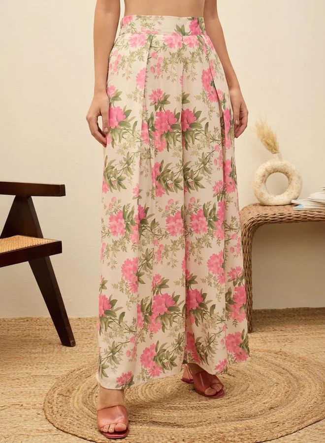 SASSAFRAS Beige Ruffled Floral Top and Wide Leg Pants Co-Ords