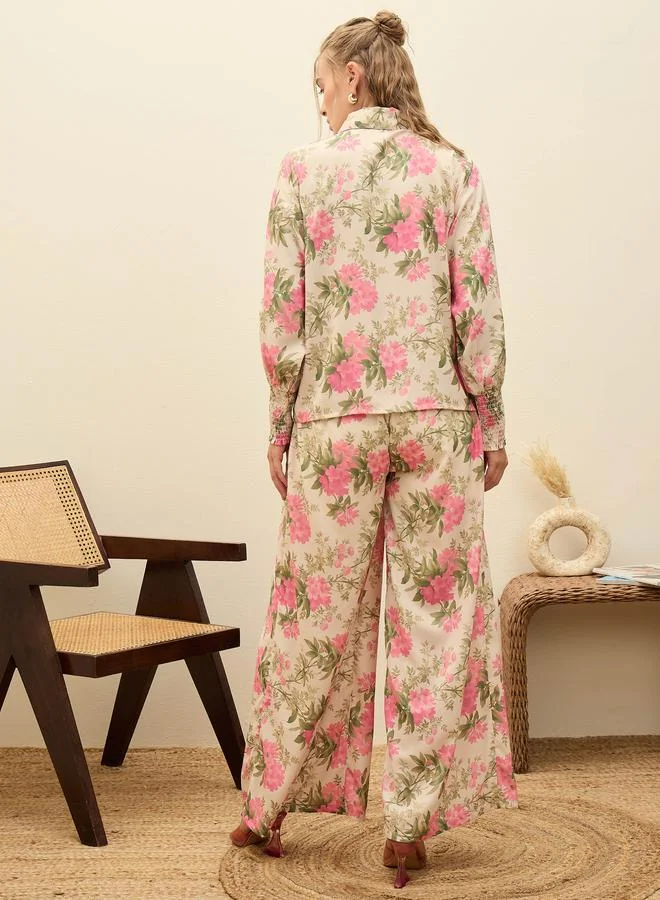 SASSAFRAS Beige Ruffled Floral Top and Wide Leg Pants Co-Ords