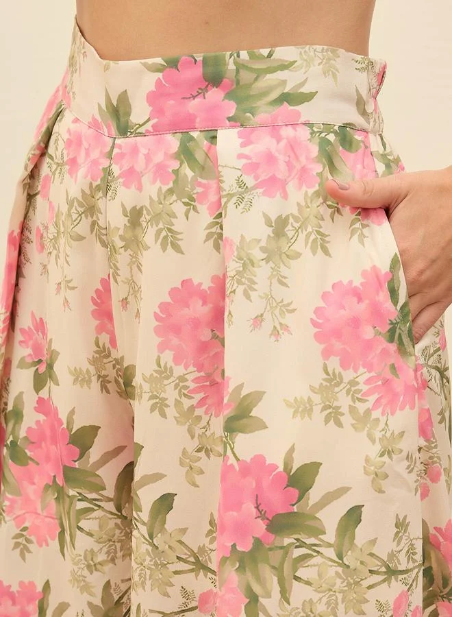 SASSAFRAS Beige Ruffled Floral Top and Wide Leg Pants Co-Ords