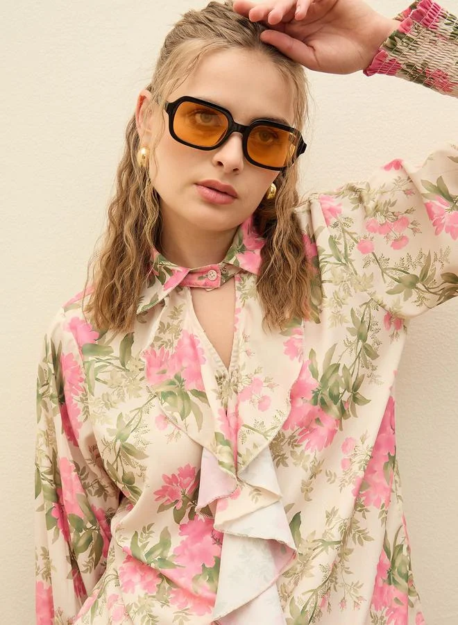 SASSAFRAS Beige Ruffled Floral Top and Wide Leg Pants Co-Ords