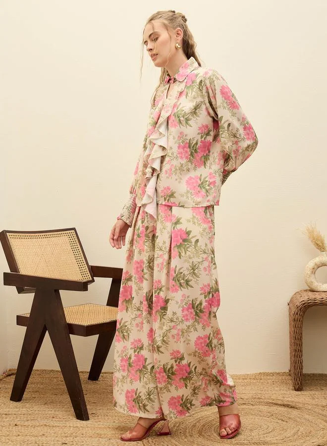 SASSAFRAS Beige Ruffled Floral Top and Wide Leg Pants Co-Ords